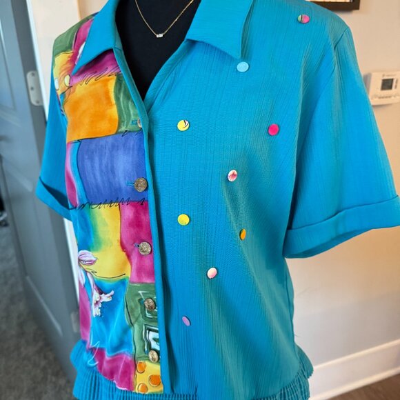 Vintage Patchwork Button-Up blouse \ Retro 80's Blouse \ Blue Button-Up - Picture 4 of 11